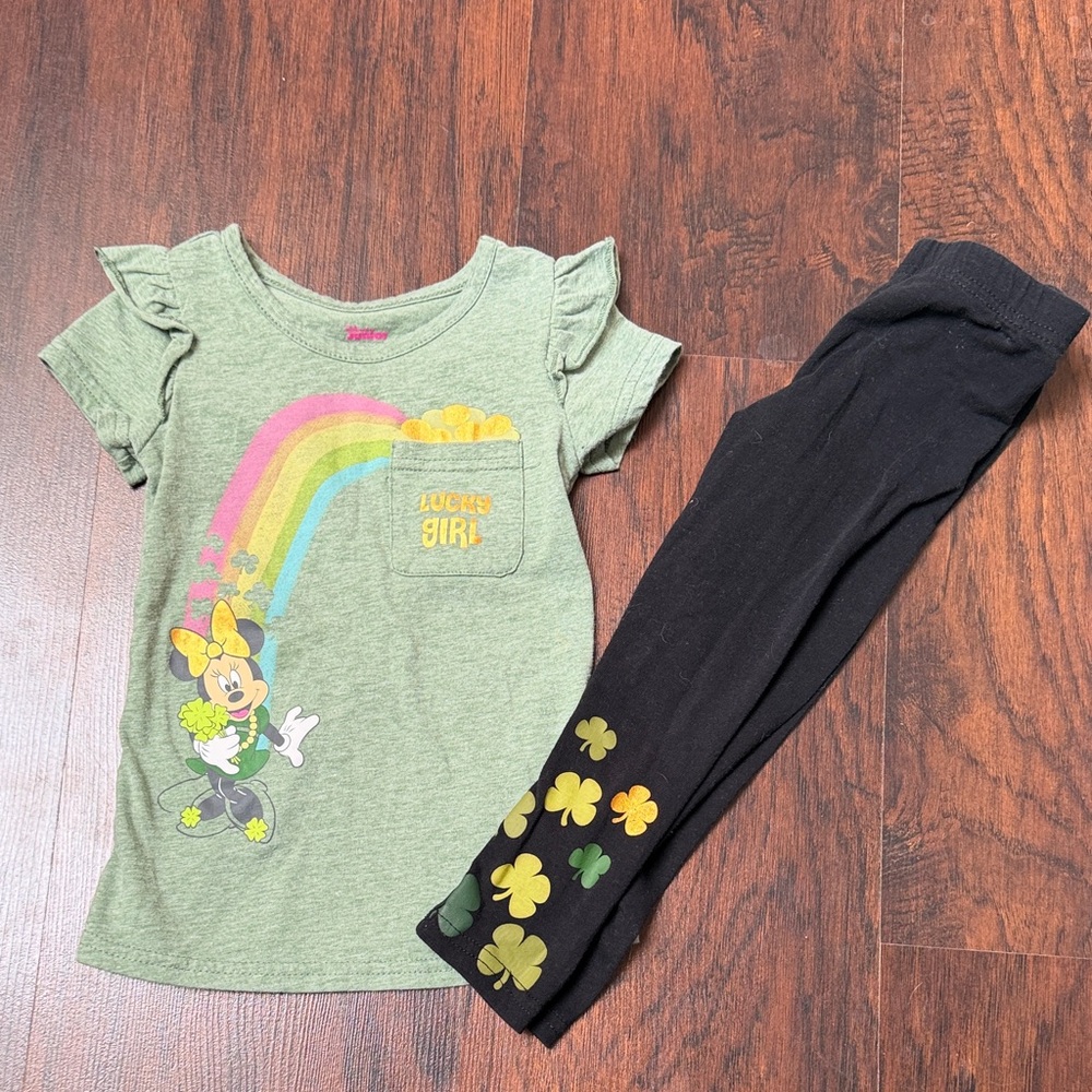 Disney Green Minnie Shamrock Rainbow Tee with Black Shamrock Leggings